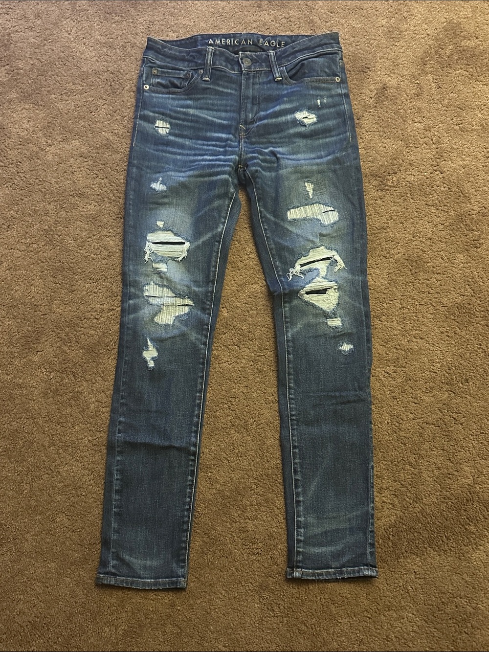 American Eagle Outfitters Men's Skinny Distressed Dark Blue Jeans